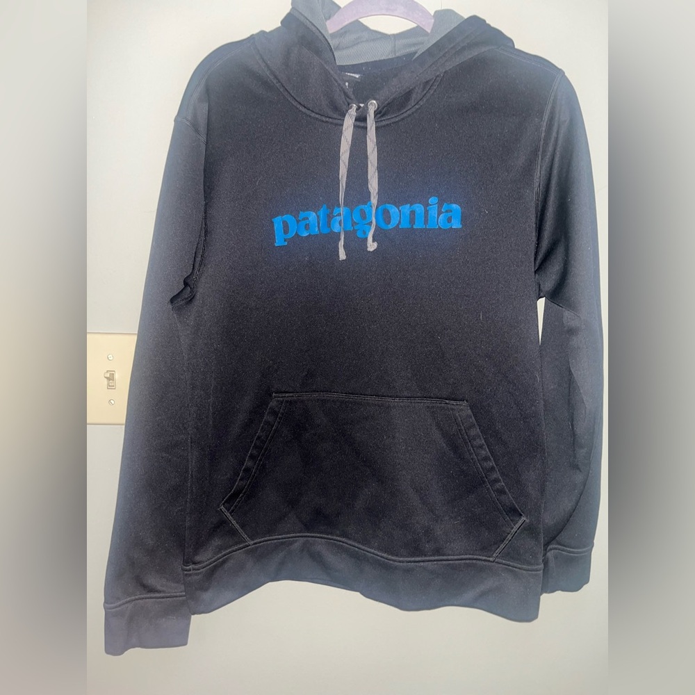 Patagonia Black Hoodie with Blue Logo